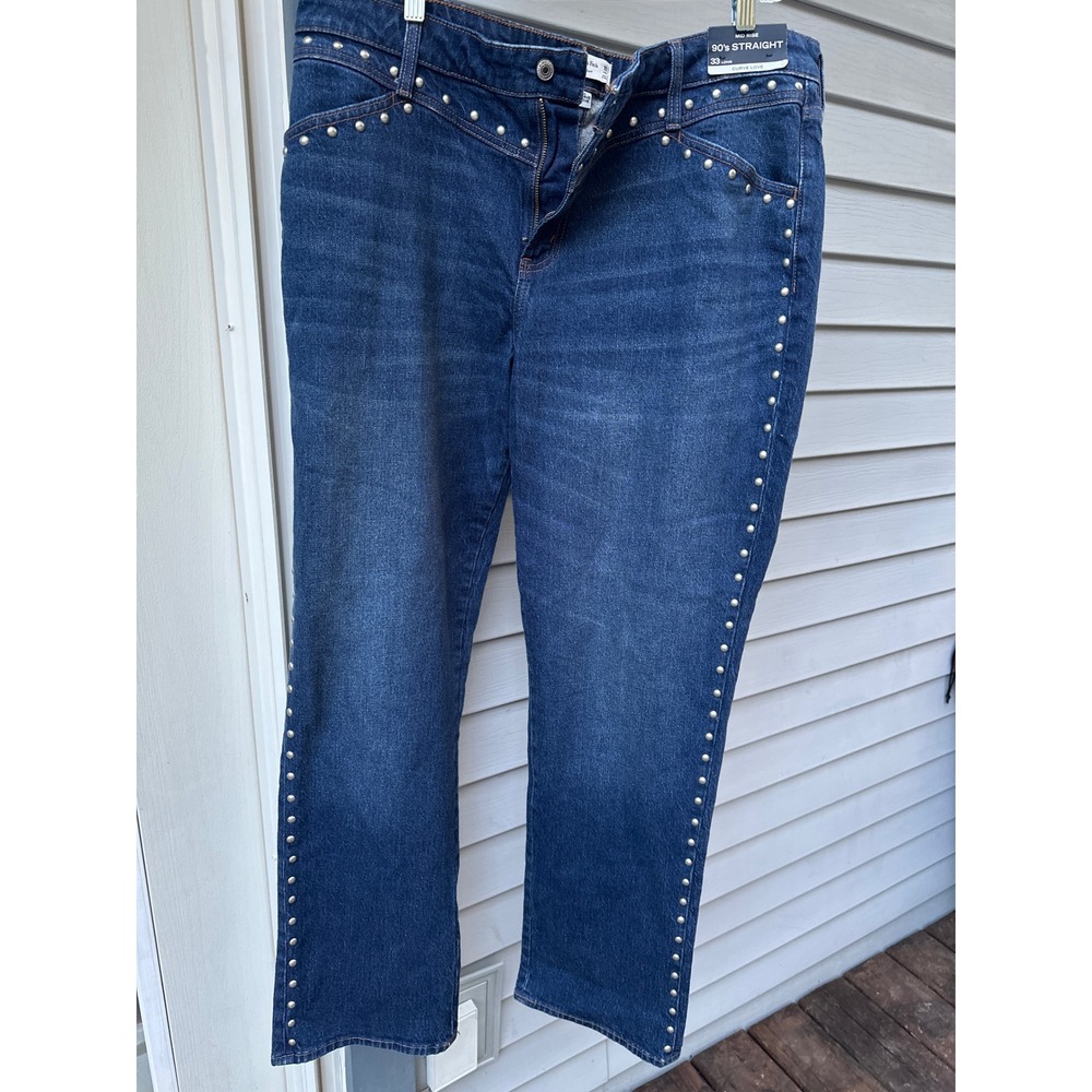 Abercrombie‎ & Fitch Curve Love 90s Straight Studded Jeans Dark Wash 33 Long NEW